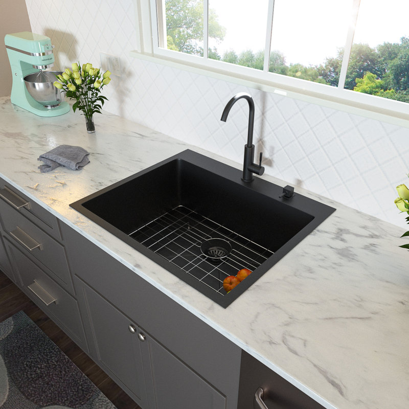 black stainless steel sink with white countertop